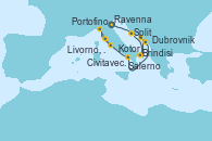Visitando Ravenna (Italia), Split (Croacia), Brindisi (Italia), Kotor (Montenegro), Dubrovnik (Croacia), Salerno (Italia), Portofino (Italia), Livorno, Pisa y Florencia (Italia), Livorno, Pisa y Florencia (Italia), Civitavecchia (Roma)