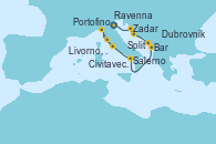 Visitando Ravenna (Italia), Zadar (Croacia), Split (Croacia), Bar ( Montenegro), Dubrovnik (Croacia), Salerno (Italia), Portofino (Italia), Livorno, Pisa y Florencia (Italia), Livorno, Pisa y Florencia (Italia), Civitavecchia (Roma)