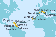 Visitando Civitavecchia (Roma), La Spezia, Florencia y Pisa (Italia), Marsella (Francia), Barcelona, Fuerteventura (Canarias/España), Santa Cruz de Tenerife (España), Philipsburg (St. Maarten), Basseterre (Antillas), Kingstown (Granadinas), Bridgetown (Barbados), Saint George (Grenada), Fuerte de France (Martinica)
