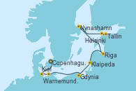 Visitando Copenhague (Dinamarca), Kiel (Alemania), Warnemunde (Alemania), Gdynia (Polonia), Klaipeda (Lituania), Riga (Letonia), Nynashamn (Suecia), Tallin (Estonia), Helsinki (Finlandia)