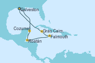 Visitando Galveston (Texas), Cozumel (México), Roatán (Honduras), Falmouth (Jamaica), Gran Caimán (Islas Caimán), Galveston (Texas)