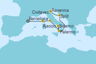 Visitando Barcelona, Ajaccio (Córcega), Civitavecchia (Roma), Palermo (Italia), Salerno (Italia), Split (Croacia), Ravenna (Italia)