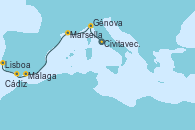 Visitando Civitavecchia (Roma), Génova (Italia), Marsella (Francia), Málaga, Cádiz (España), Lisboa (Portugal)