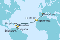 Visitando Barcelona, Fuerteventura (Canarias/España), Santa Cruz de Tenerife (España), Philipsburg (St. Maarten), Basseterre (Antillas), Kingstown (Granadinas), Bridgetown (Barbados)
