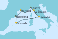 Visitando Barcelona, Marsella (Francia), Génova (Italia), La Spezia, Florencia y Pisa (Italia), Civitavecchia (Roma), Palma de Mallorca (España), Barcelona