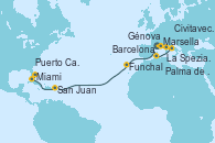 Visitando Barcelona, Marsella (Francia), Génova (Italia), La Spezia, Florencia y Pisa (Italia), Civitavecchia (Roma), Palma de Mallorca (España), Barcelona, Funchal (Madeira), San Juan (Puerto Rico), Miami (Florida/EEUU), Puerto Cañaveral (Florida)