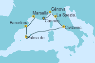 Visitando Cannes (Francia), Génova (Italia), La Spezia, Florencia y Pisa (Italia), Civitavecchia (Roma), Palma de Mallorca (España), Barcelona, Marsella (Francia)