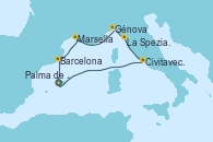 Visitando Palma de Mallorca (España), Barcelona, Marsella (Francia), Génova (Italia), La Spezia, Florencia y Pisa (Italia), Civitavecchia (Roma), Palma de Mallorca (España)