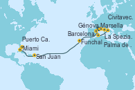 Visitando Marsella (Francia), Génova (Italia), La Spezia, Florencia y Pisa (Italia), Civitavecchia (Roma), Palma de Mallorca (España), Barcelona, Funchal (Madeira), San Juan (Puerto Rico), Miami (Florida/EEUU), Puerto Cañaveral (Florida)