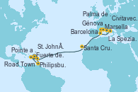 Visitando Fuerte de France (Martinica), Pointe a Pitre (Guadalupe), Philipsburg (St. Maarten), Road Town (Isla Tórtola/Islas Vírgenes), St. John´s (Antigua y Barbuda), Santa Cruz de Tenerife (España), Barcelona, Marsella (Francia), Génova (Italia), La Spezia, Florencia y Pisa (Italia), Civitavecchia (Roma), Palma de Mallorca (España)