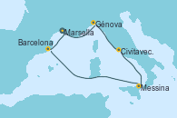 Visitando Marsella (Francia), Génova (Italia), Civitavecchia (Roma), Messina (Sicilia), Barcelona, Marsella (Francia)