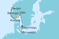 Visitando Copenhague (Dinamarca), Warnemunde (Alemania), Stavanger (Noruega), Bergen (Noruega), Kristiansand (Noruega), Oslo (Noruega), Copenhague (Dinamarca)
