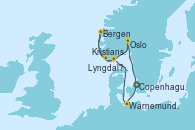 Visitando Copenhague (Dinamarca), Warnemunde (Alemania), Kristiansand (Noruega), Bergen (Noruega), Lyngdal	 Norway, Oslo (Noruega), Copenhague (Dinamarca)