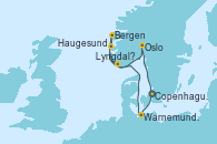 Visitando Copenhague (Dinamarca), Warnemunde (Alemania), Haugesund (Noruega), Bergen (Noruega), Lyngdal	 Norway, Oslo (Noruega), Copenhague (Dinamarca)