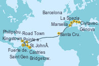 Visitando Fuerte de France (Martinica), Pointe a Pitre (Guadalupe), Castries (Santa Lucía/Caribe), Bridgetown (Barbados), Saint George (Grenada), Kingstown (Granadinas), Fuerte de France (Martinica), Pointe a Pitre (Guadalupe), Philipsburg (St. Maarten), Road Town (Isla Tórtola/Islas Vírgenes), St. John´s (Antigua y Barbuda), Santa Cruz de Tenerife (España), Barcelona, Marsella (Francia), Génova (Italia), La Spezia, Florencia y Pisa (Italia), Civitavecchia (Roma)