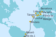 Visitando Río de Janeiro (Brasil), Maceió (Brasil), Mindelo (Cabo Verde), Funchal (Madeira), Lisboa (Portugal), Tánger (Marruecos), Málaga, Palma de Mallorca (España), Barcelona, Marsella (Francia)