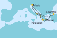 Visitando Atenas (Grecia), Estambul (Turquía), Corfú (Grecia), Bari (Italia), Trieste (Italia), Katakolon (Olimpia/Grecia), Atenas (Grecia)