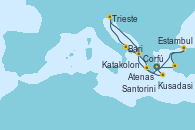 Visitando Atenas (Grecia), Kusadasi (Efeso/Turquía), Estambul (Turquía), Corfú (Grecia), Bari (Italia), Trieste (Italia), Katakolon (Olimpia/Grecia), Santorini (Grecia), Atenas (Grecia)