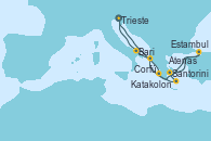 Visitando Trieste (Italia), Katakolon (Olimpia/Grecia), Santorini (Grecia), Atenas (Grecia), Estambul (Turquía), Corfú (Grecia), Bari (Italia), Trieste (Italia)