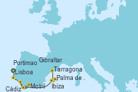 Visitando Lisboa (Portugal), Portimao (Portugal), Motril (Granada/Andalucía), Cádiz (España), Gibraltar (Inglaterra), Ibiza (España), Palma de Mallorca (España), Tarragona (España)