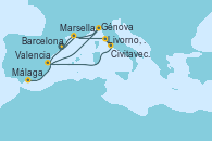 Visitando Barcelona, Marsella (Francia), Livorno, Pisa y Florencia (Italia), Civitavecchia (Roma), Valencia, Génova (Italia), Marsella (Francia), Málaga