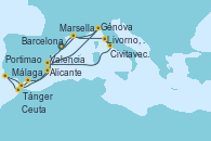 Visitando Barcelona, Marsella (Francia), Livorno, Pisa y Florencia (Italia), Civitavecchia (Roma), Valencia, Génova (Italia), Marsella (Francia), Málaga, Tánger (Marruecos), Portimao (Portugal), Ceuta (España), Alicante (España)