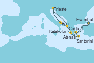 Visitando Estambul (Turquía), Corfú (Grecia), Bari (Italia), Trieste (Italia), Katakolon (Olimpia/Grecia), Santorini (Grecia), Atenas (Grecia), Estambul (Turquía)