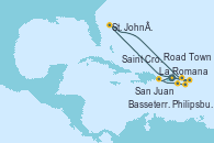 Visitando San Juan (Puerto Rico), Road Town (Isla Tórtola/Islas Vírgenes), Philipsburg (St. Maarten), St. John´s (Antigua y Barbuda), Basseterre (Antillas), Saint Croix (Islas Vírgenes), La Romana (República Dominicana), San Juan (Puerto Rico)