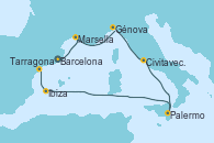 Visitando Barcelona, Marsella (Francia), Génova (Italia), Civitavecchia (Roma), Palermo (Italia), Ibiza (España), Tarragona (España)