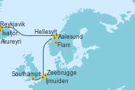 Visitando Reykjavik (Islandia), Ísafjörður (Islandia), Akureyri (Islandia), Aalesund (Noruega), Hellesylt (Noruega), Flam (Noruega), Ijmuiden (Ámsterdam), Zeebrugge (Bruselas), Southampton (Inglaterra)