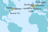 Visitando Southampton (Inglaterra), Ijmuiden (Ámsterdam), Zeebrugge (Bruselas), Le Havre (Francia), Portland, Dorset (Reino Unido), Cork (Irlanda), Sydney (Nueva Escocia/Canadá), Halifax (Canadá), Nueva York (Estados Unidos)