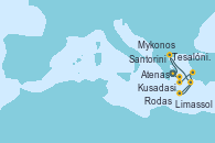 Visitando Atenas (Grecia), Atenas (Grecia), Tesalónica (Grecia), Tesalónica (Grecia), Rodas (Grecia), Limassol (Chipre), Kusadasi (Efeso/Turquía), Santorini (Grecia), Mykonos (Grecia), Atenas (Grecia)