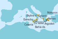 Visitando Atenas (Grecia), La Valletta (Malta), Estrecho de Sicilia - Experiencia a Bordo, Estrecho de Sicilia - Experiencia a Bordo, Catania (Sicilia), Skyline del Etna - Experiencia a bordo, Taranto (Italia), Argostoli (Grecia), Mykonos (Grecia), Bahía de Mykonos - Experiencia a bordo, Bahía de Mykonos - Experiencia a bordo, Atenas (Grecia)