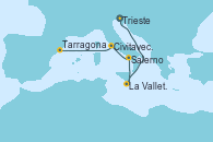 Visitando Trieste (Italia), La Valletta (Malta), La Valletta (Malta), Salerno (Italia), Civitavecchia (Roma), Tarragona (España) Visitando Trieste (Italia), La Valletta (Malta), La Valletta (Malta), Salerno (Italia), Civitavecchia (Roma), Tarragona (España)