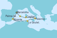 Visitando Barcelona, Alicante (España), La Goulette (Tunez), Palermo (Italia), Cagliari (Cerdeña), Palma de Mallorca (España), Barcelona