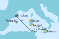 Visitando Barcelona, Palma de Mallorca (España), Alghero (Cerdeña), Cagliari (Cerdeña), Palermo (Italia), La Goulette (Tunez), Barcelona