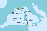 Visitando Barcelona, Marsella (Francia), Ajaccio (Córcega), Cagliari (Cerdeña), La Goulette (Tunez), Palma de Mallorca (España), Barcelona