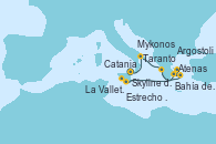 Visitando Catania (Sicilia)Skyline del Etna - Experiencia a bordo, Taranto (Italia), Argostoli (Grecia), Mykonos (Grecia), Bahía de Mykonos - Experiencia a bordo, Bahía de Mykonos - Experiencia a bordo, Atenas (Grecia), La Valletta (Malta), Estrecho de Sicilia - Experiencia a Bordo, Estrecho de Sicilia - Experiencia a Bordo, Catania (Sicilia)