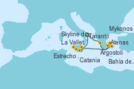 Visitando Taranto (Italia), Argostoli (Grecia), Mykonos (Grecia), Bahía de Mykonos - Experiencia a bordo, Bahía de Mykonos - Experiencia a bordo, Atenas (Grecia), La Valletta (Malta), Estrecho de Sicilia - Experiencia a Bordo, Estrecho de Sicilia - Experiencia a Bordo, Catania (Sicilia), Skyline del Etna - Experiencia a bordo, Taranto (Italia)
