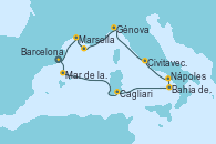 Visitando BarcelonaMar de las Baleares - Experiencia a bordo, Mar de las Baleares - Experiencia a bordo, Cagliari (Cerdeña), Nápoles (Italia), Bahía de Capri - Experiencia a bordo, Civitavecchia (Roma), Génova (Italia), Bahía de las Calanques - Experiencia a bordo, Marsella (Francia), Barcelona