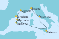 Visitando Civitavecchia (Roma), Savona (Italia), Marsella (Francia), Barcelona, Mar de las Baleares - Experiencia a bordo, Mar de las Baleares - Experiencia a bordo, Palma de Mallorca (España), Palermo (Italia), Civitavecchia (Roma)