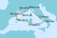 Visitando Génova (Italia), Bahía de las Calanques - Experiencia a bordo, Marsella (Francia), Barcelona, Mar de las Baleares - Experiencia a bordo, Mar de las Baleares - Experiencia a bordo, Cagliari (Cerdeña), Nápoles (Italia), Civitavecchia (Roma), Génova (Italia)