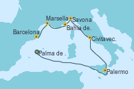 Visitando Palma de Mallorca (España), Palermo (Italia), Civitavecchia (Roma), Savona (Italia), Bahía de Montecarlo - Experiencia a bordo, Marsella (Francia), Barcelona