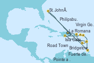 Visitando La Romana (República Dominicana), Isla Catalina (República Dominicana), Bridgetown (Barbados), Fuerte de France (Martinica), Pointe a Pitre (Guadalupe), Road Town (Isla Tórtola/Islas Vírgenes), La Romana (República Dominicana), Isla Catalina (República Dominicana), Virgin Gorda (Islas Virgenes), Philipsburg (St. Maarten), Fuerte de France (Martinica), St. John´s (Antigua y Barbuda), La Romana (República Dominicana)