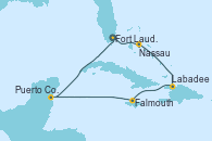 Visitando Fort Lauderdale (Florida/EEUU), Nassau (Bahamas), Labadee (Haiti), Falmouth (Jamaica), Puerto Costa Maya (México), Fort Lauderdale (Florida/EEUU)