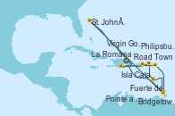 Visitando La Romana (República Dominicana), Isla Catalina (República Dominicana), Virgin Gorda (Islas Virgenes), Philipsburg (St. Maarten), Fuerte de France (Martinica), St. John´s (Antigua y Barbuda), La Romana (República Dominicana), Isla Catalina (República Dominicana), Bridgetown (Barbados), Fuerte de France (Martinica), Pointe a Pitre (Guadalupe), Road Town (Isla Tórtola/Islas Vírgenes), La Romana (República Dominicana)