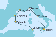 Visitando Palma de Mallorca (España), La Goulette (Tunez), Palermo (Italia), Civitavecchia (Roma), Savona (Italia), Marsella (Francia), Barcelona, Palma de Mallorca (España)