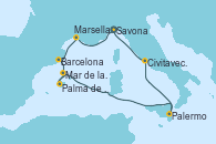 Visitando Savona (Italia), Marsella (Francia), Barcelona, Mar de las Baleares - Experiencia a bordo, Mar de las Baleares - Experiencia a bordo, Palma de Mallorca (España), Palermo (Italia), Civitavecchia (Roma), Savona (Italia)