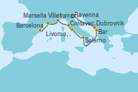 Visitando Ravenna (Italia), Bar ( Montenegro), Dubrovnik (Croacia), Salerno (Italia), Civitavecchia (Roma), Livorno, Pisa y Florencia (Italia), Villefranche (Niza/Mónaco/Francia), Marsella (Francia), Barcelona