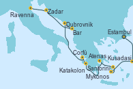 Visitando Estambul (Turquía), Kusadasi (Efeso/Turquía), Santorini (Grecia), Mykonos (Grecia), Atenas (Grecia), Katakolon (Olimpia/Grecia), Corfú (Grecia), Dubrovnik (Croacia), Bar ( Montenegro), Zadar (Croacia), Ravenna (Italia)